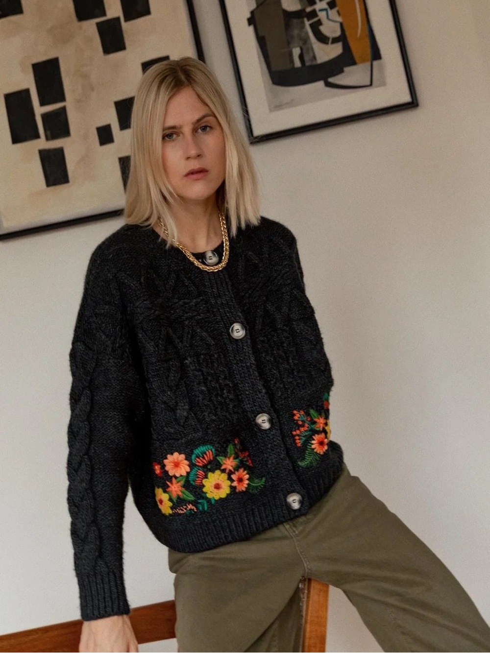 Leandra Medine x Mango Black Cable-Knit Button Cardigan with Floral Embroidery